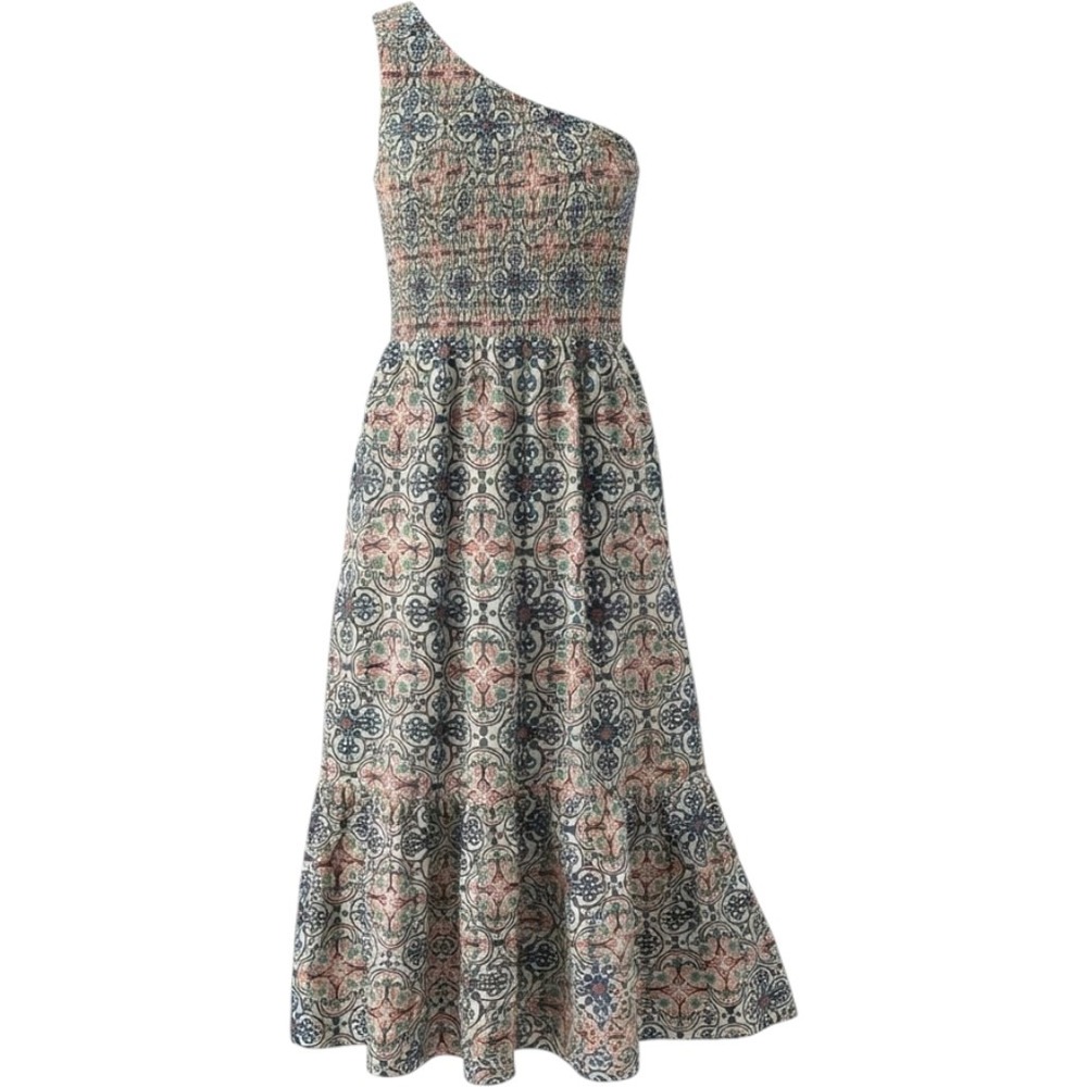 Knox Rose One Shoulder Smocked Midi Dress Boho Medallion Print XS